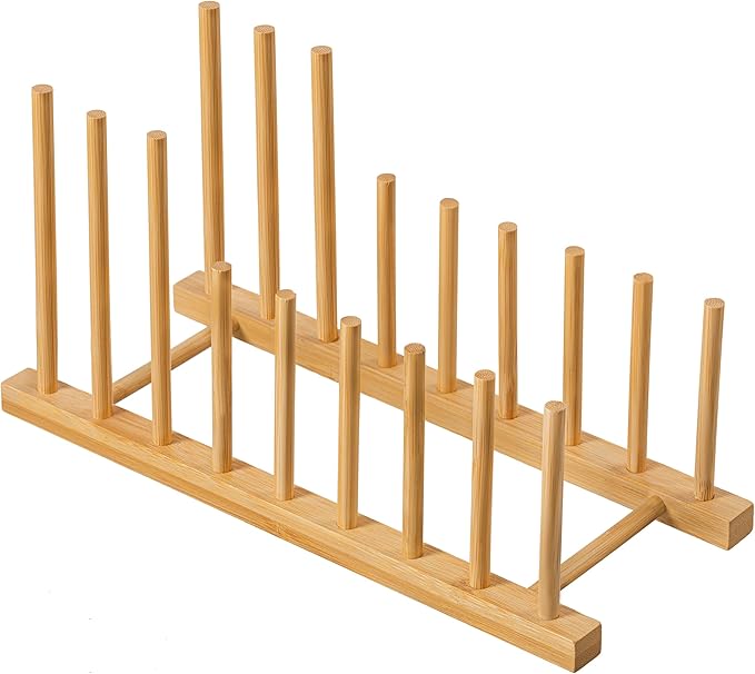 HBlife Heighten and Widen Bamboo Dish Drying Rack Plate Bowl Cup Book Pot Lid Cutting Board Stand Drainer Storage Holder Organizer for Kitchen Cabinet