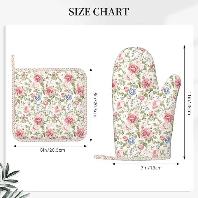 Oven Mitts and Pot Holders Flower Boho Rose Floral Silicone Kitchen Accessories Set of 4 Heat Resistant Long Gloves Potholder Non-Slip Grip for Chef Cooking Baking Grilling BBQ