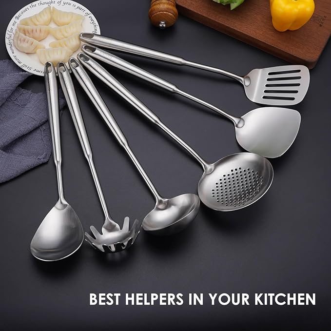 18/10 Stainless Steel Kitchen Utensils Set, 6 PCS All Metal Professional Cooking Utensils, 15" Long Kitchen Tools - Spatula, Ladle, Skimmer Spoon, Pasta Serve, Large Spoon, Slotted Spatula Tunner