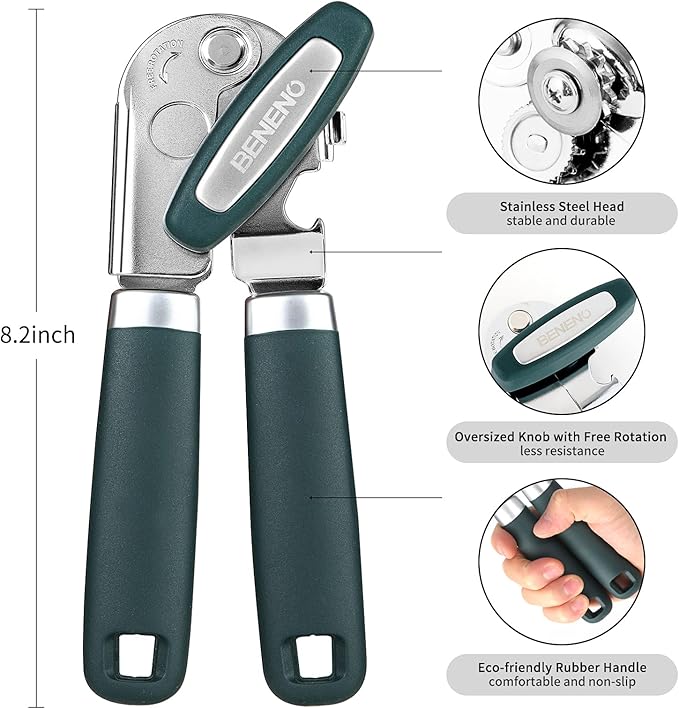 Beneno Heavy Duty Hand Can Opener Manual with Magnet, Durable Sharp Carbon Steel Blade Smooth Cutting, Big Effort-Saving Knob & Soft Grip Handle, Multifunctional Kitchen Tool with Bottle Opener, Green