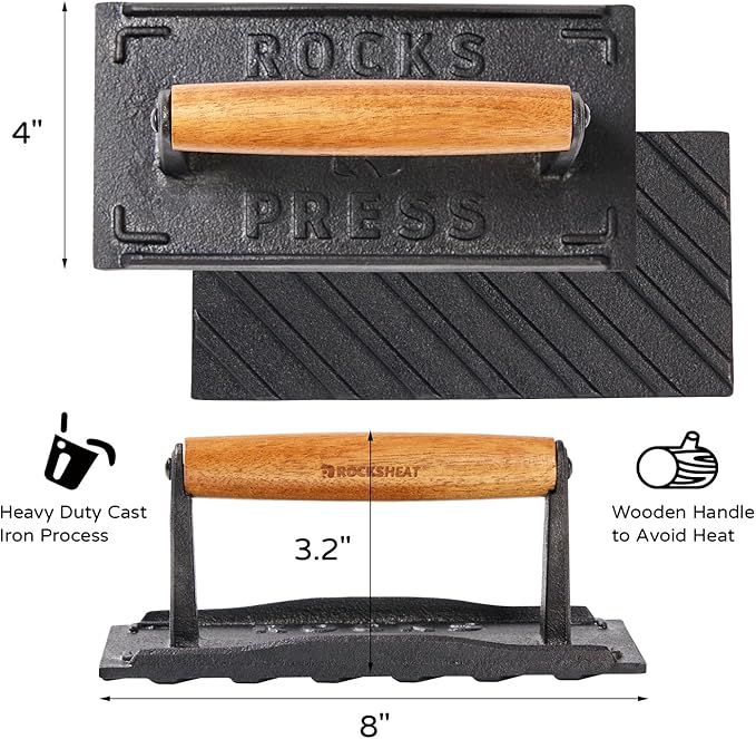 Cast Iron Square Burger Press with Wooden Handle - 8x4 Inch Heavy Duty Patty Maker for Perfectly Shaped Burgers, Steak Patties, and More