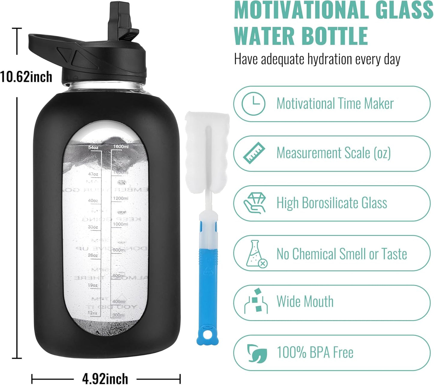 CIVAGO 64 oz Glass Water Bottle Jug with Straw and Handle, Half Gallon Sports Motivational Water Bottle with Time Marker, Wide Mouth Water Flask Canteen with Silicone Sleeve for Gym,Smog Blue