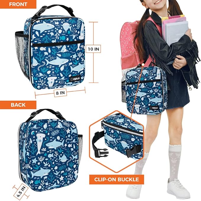 opux Premium Insulated Lunch Box, Soft School Lunch Bag for Kids Boys Girls, Leakproof Small Lunch Pail Men Women Work, Reusable Compact Cooler Tote Lunchbox for Office, Blue Shark