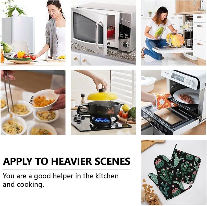 Trendy Cactus Oven Mitts and Pot Holders Sets of 4, Heat Resistant Silicone Oven Mittens and Potholders Gloves Hot Pads for Kitchen Cooking Baking Grilling BBQ Chef