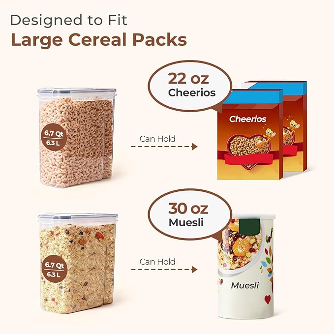 ComSaf 6.7Qt Cereal Storage Container Set of 2 - Ideal for Home Cooks Storing Cereal and Organized Families Organizing Bulk Food，Large Cereal Dispenser Keeps Pantry and Kitchen Countertop Neat