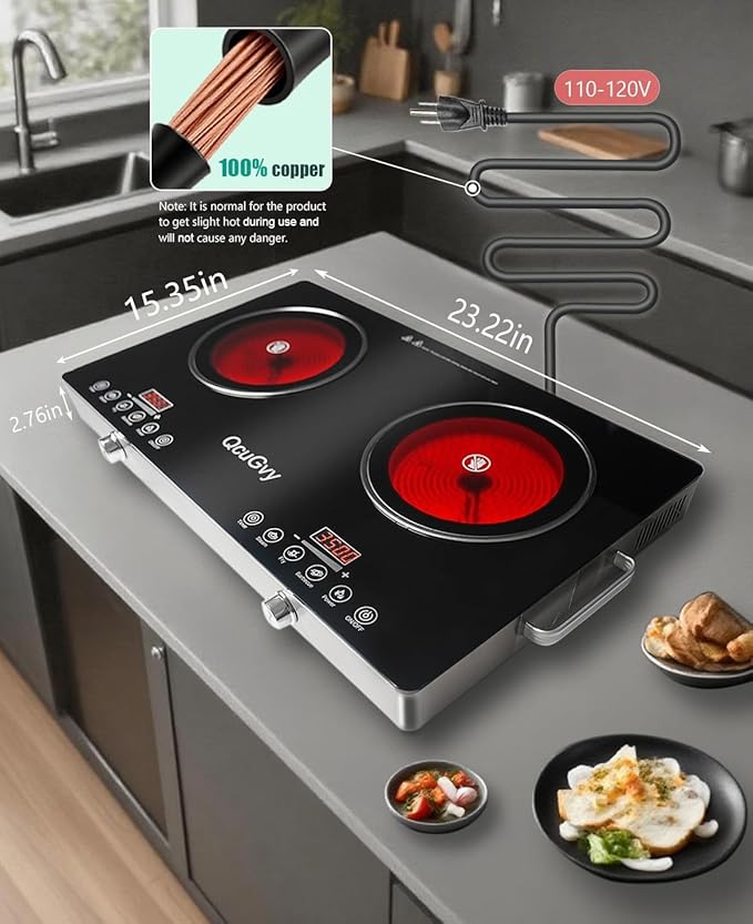 23" Portable Infrared 2 Burner 3500 Electri Burner with 2 Hours Timer-Electric Hot Plate Touch Control Panel Adjustable Heating Power Glass Plate Electric Cooktop for Cooking