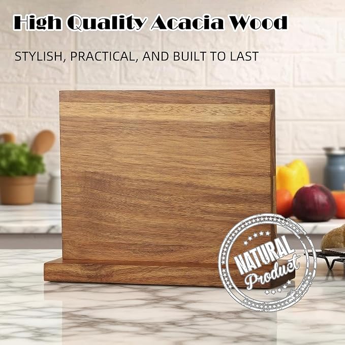 Magnetic Knife Block Stand, Kitchen Counter Organizer, Double-Sided Kitchen Knife Holder, Acacia Wood, Universal Storage Organizer, 11.7 x 8.6 x 4 inches
