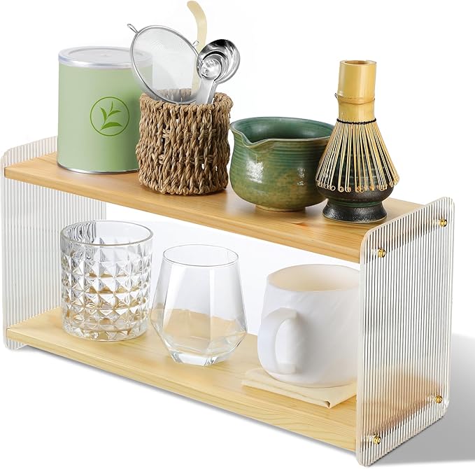 2Tier Matcha Whisk Set Organizer Station - Aesthetics Pine Wood Coffee Bar Accessories Station Organizer