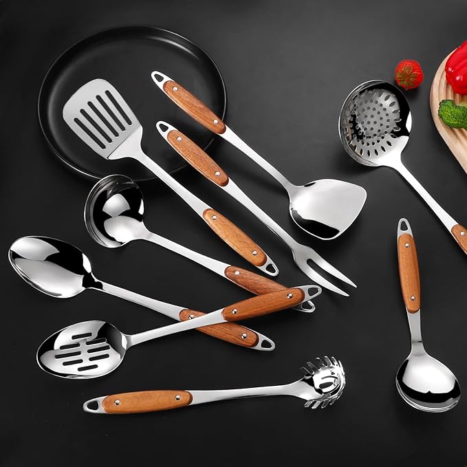 304 Stainless Steel Cooking Utensils Set,9PCS Metal Kitchen Utensils Set with Wooden Handle,Solid Spoon,Spatula,Ladle,Skimmer,Spaghetti Spoon,Dishwasher Safe