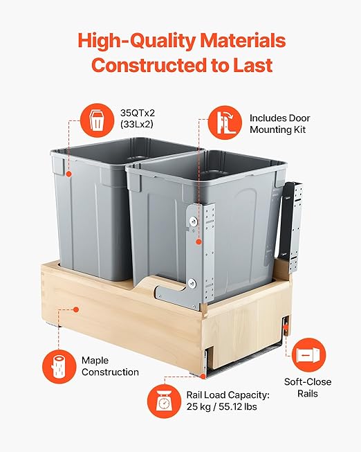 VEVOR Wood Pullout Trash Can for Kitchen Cabinets, 35 QT x2 Double Under Sink Garbage Waste Recycling Bin, Under Mount Waste Container, with Heavy Duty Metal Soft Close Sliding System and Door Kit