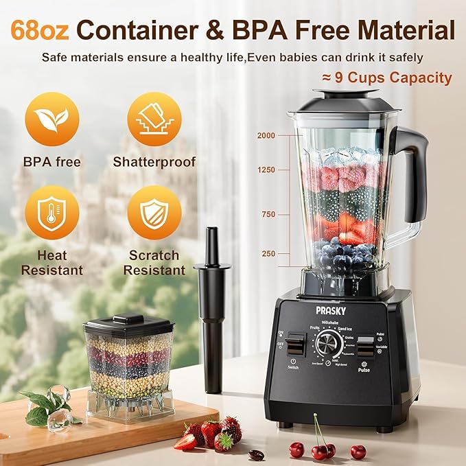 Professional Blender,Smoothies Blenders, PRASKY Max.2400Watts/1000Watts Blender and Grinder Combo 25000RPM Powerful Kitchen 68oz BPA Free 2 Containers Countertop Blenders Ice Crushing, Juice