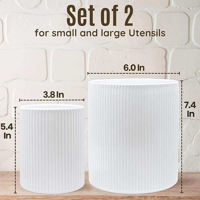2 Pack Ceramic Utensil Holder, 7.3"+5.4" Large kitchen utensils holder for Countertop, 360° Rotating Cooking Utensil Crock for Kitchen Counter with Detachable Wooden Base, Kitchen Décor