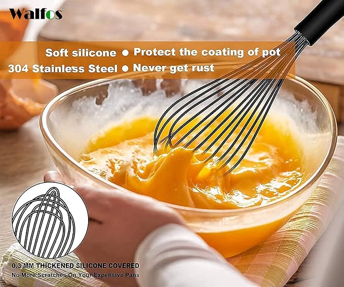 Walfos Whisk 11inch Flat Whisks and 10inch Balloon Whisk Combo,Silicone whisks for cooking,Non Scratch Coated Wisk,Suitable for Ceramic Coated pans and Wider shallower pots.(2pcs black)