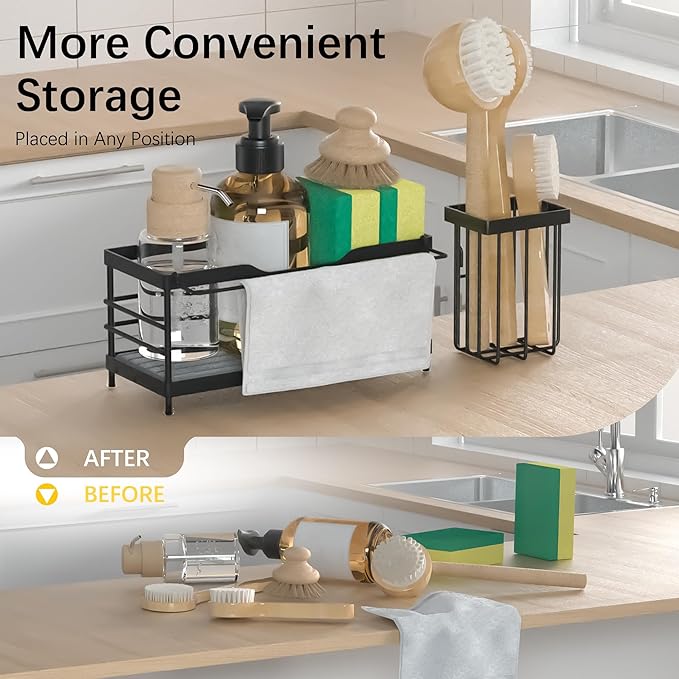 Sponge Holder for Kitchen Sink,Sink Caddy Organizer With Stone Drying Tray, Stainless Steel Kitchen Countertop Organizer for Sponge Soap Dispenser Black