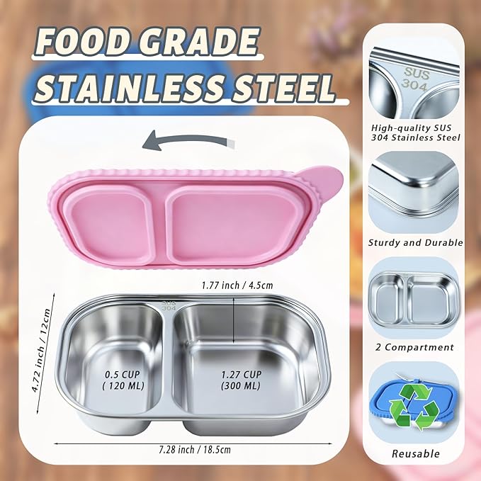 Stainless Steel Snack Containers with Silicone Lids - 2 Compartment Metal Bento Lunch Box, Leak-Proof Reusable Lunch Meal Prep Containers with 2 Forks for School, Office, Travel (Blue+Pink, 2 Pack)