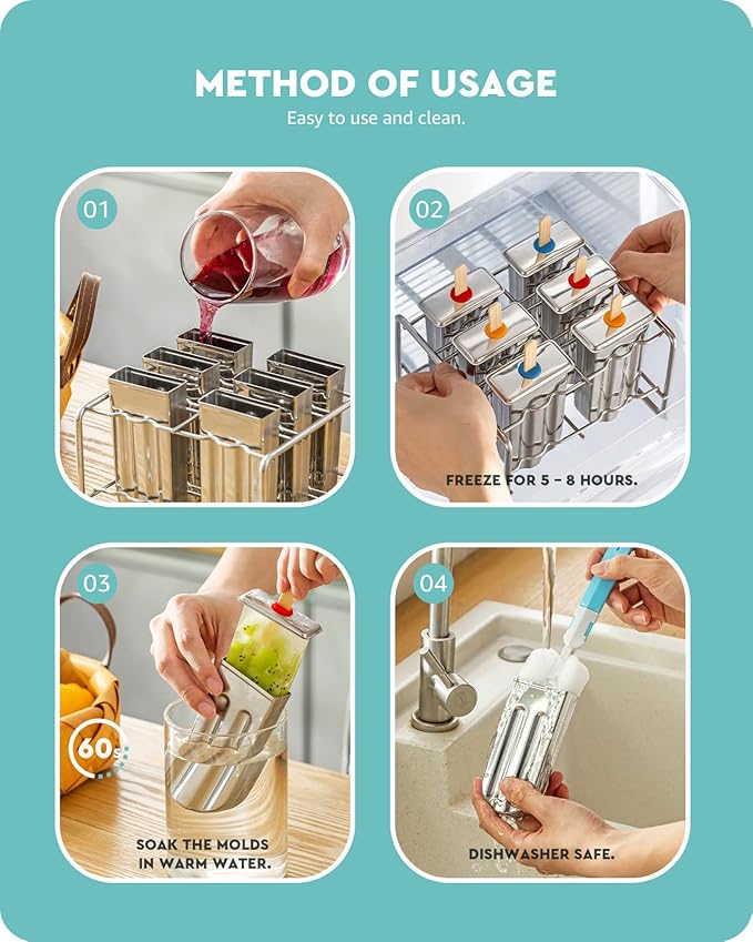 Baffect Metal Popsicle Moulds, Set of 6 Round Head Stainless Steel Ice Lolly Molds with Holder, Fast Freezing Ice Cream Makers with Lollipop Sticks and Bags