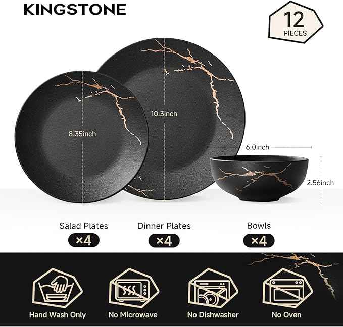 KINGSTONE Porcelain Dinnerware Sets for 4 Plates and Bowls Sets 12 Piece Matte Black Gold Vein Dish Set Scratch Resistant Dinner Salad Plate Dishware for Family Wedding Party Daily
