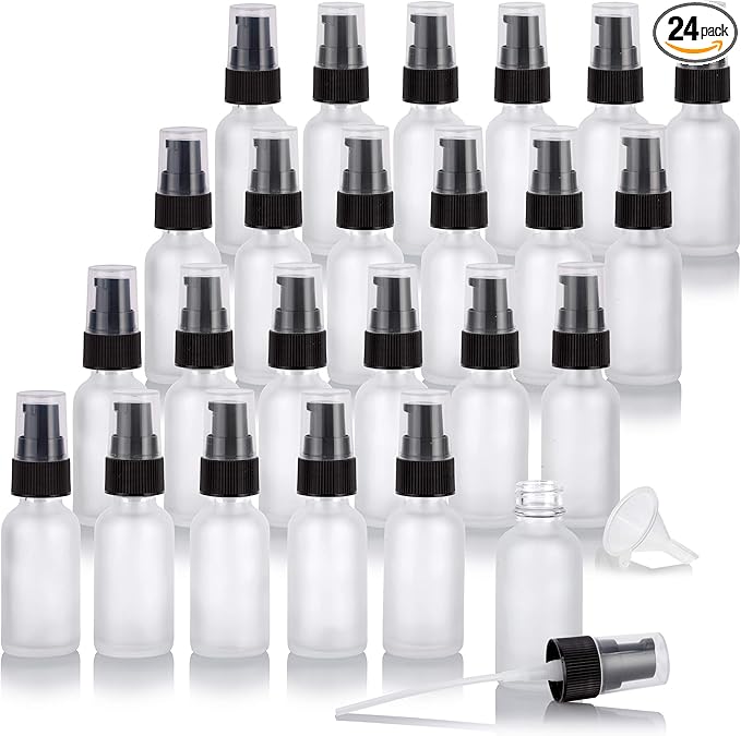 JUVITUS 1 oz / 30 ml Frosted Clear Glass Boston Round Bottle with Black Treatment Pump (24 pack) + Funnel