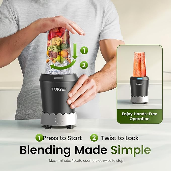 TOPZEE Personal Smoothie Blender, 1000W Single-Serve Blender with 24oz To-Go Cup, Twist-On Start/Stop, for Protein Shakes & Smoothies, Compact Countertop Blender, Black