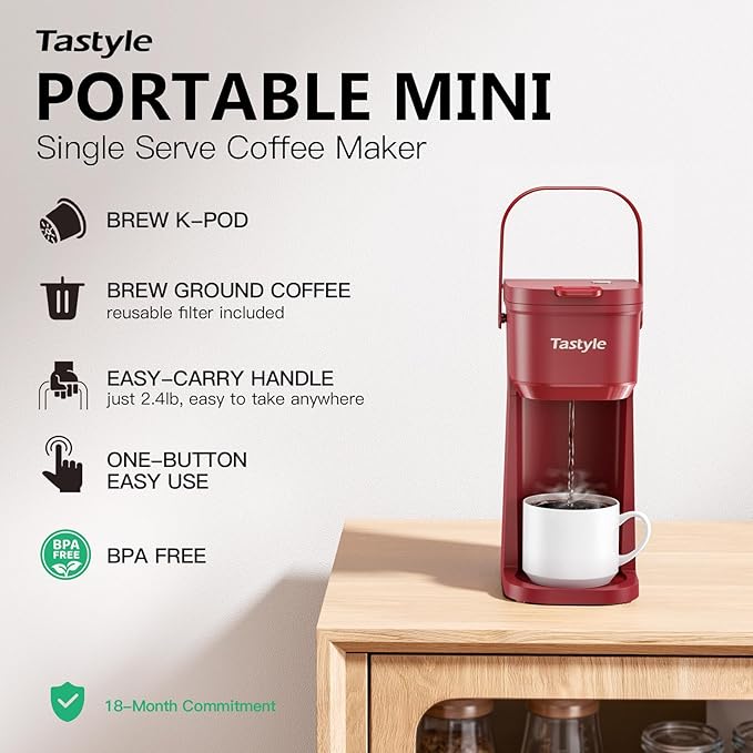 Tastyle Single Serve One Cup Coffee Maker, for K Cups and Grounds, Mini Coffee Maker with Portable Handle, 6 to 12 Oz Brew Size, for Travel, Camping, Office, RV and Dorm, 120V, Vintage Red