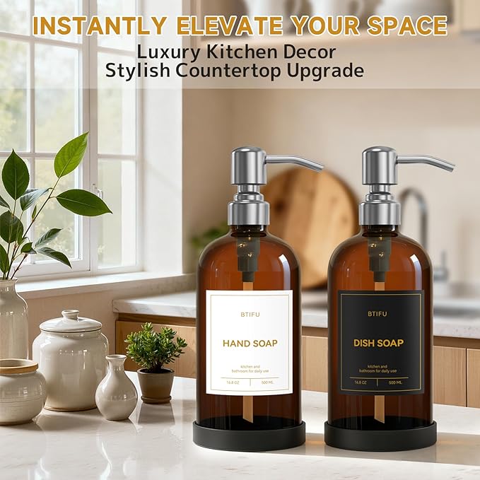 Kitchen Soap Dispenser Set – 16.8oz/500ml Glass Hand and Dish Soap Dispenser with Stainless Steel Pumps & Non-Slip Silicone Base, Luxury Countertop Decor for Home, Airbnb, Spa (Amber & Silver)
