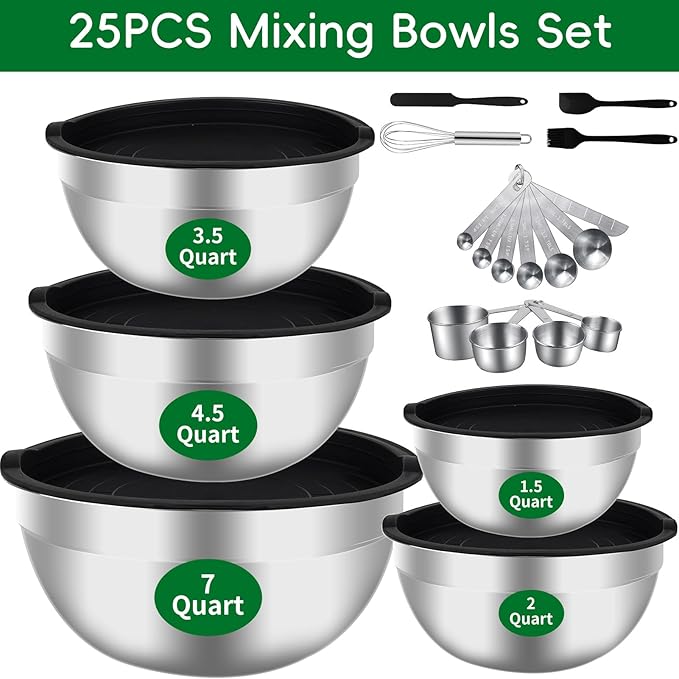 WEPSEN Mixing Bowls Set, 25PCS Stainless Steel Mixing Bowl with Lid Set, Large Nesting Bowls 7, 4.5, 3,2, 1.5QT, Measuring Cups and Spoons Baking Utensils Metal Bowl for Kitchen Prep