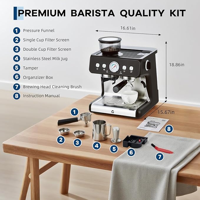 Garvee Stainless Steel Espresso Machine with Grinder & 20 Bar Pressure, 2.8L Removable Water Tank, Milk Frother Steam Wand for Latte/Cappuccino - Adjustable Shot Volume, Professional Home/Office Use
