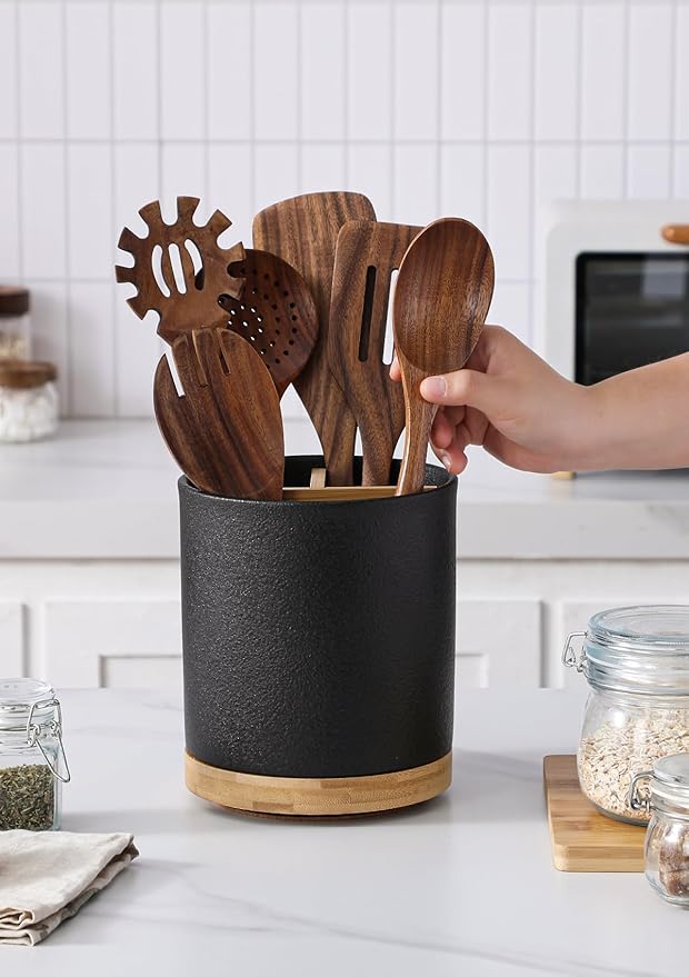 LoeJan 3 Compartment Utensil Holder, Extra Large Utensil Crock, Stable Ceramic Utensil Organizer, Cooking Tool Organizer Set for Kitchen Counter Farmhouse Decor,Textured Black