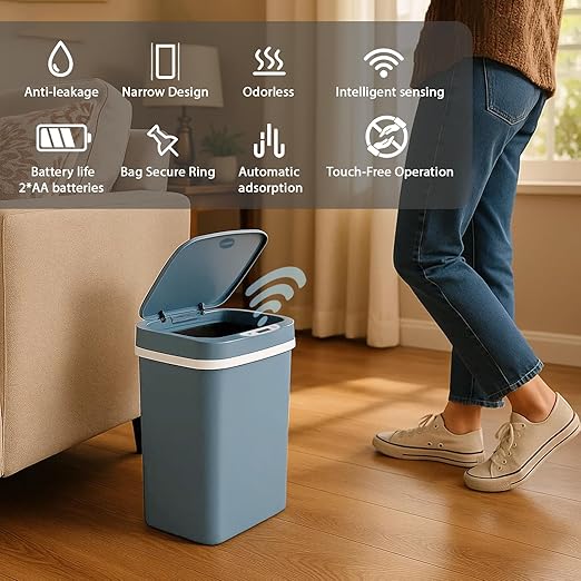 Touchless Motion Sensor Trash Can with Sealing Lid Automatic Soft Close Silent Bathroom Kitchen Office Waste Bin Narrow Rectangular ABS Hands Free Smart Home Garbage Container (Blue)
