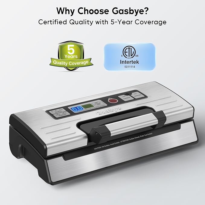 Gasbye 95kPa Precision Vacuum Sealer Machine, Double Heat Seal for Dry/Moist Food, Easy-Lock Handle, Built-in Bag Storage & Cutter, Progress Display, Pulse Mode, Removable Drip Tray, Silver