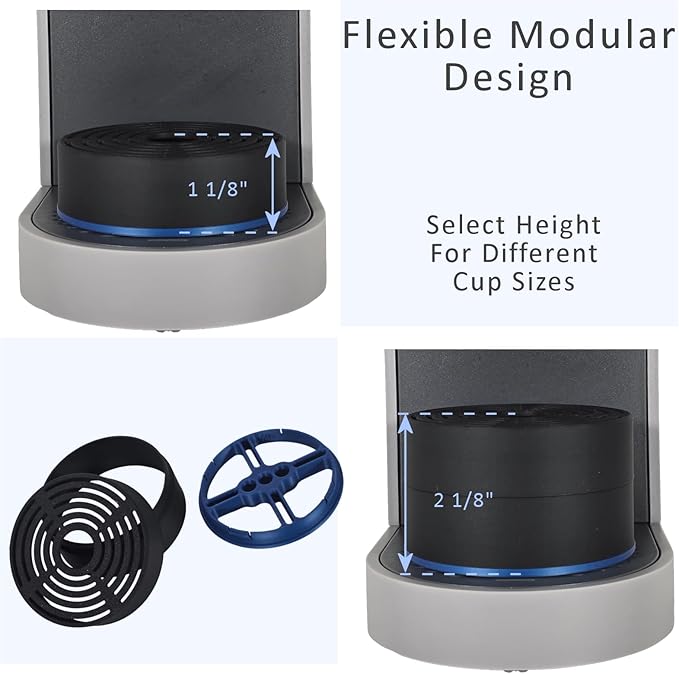 Elevate Anti-Splash Cup Riser Stand Accessory for most Keurig K-cup, Cuisinart Single Serve, and other Coffee Makers, Adjustable for Cup Size and Drip Tray Type (Black with Blue Base)