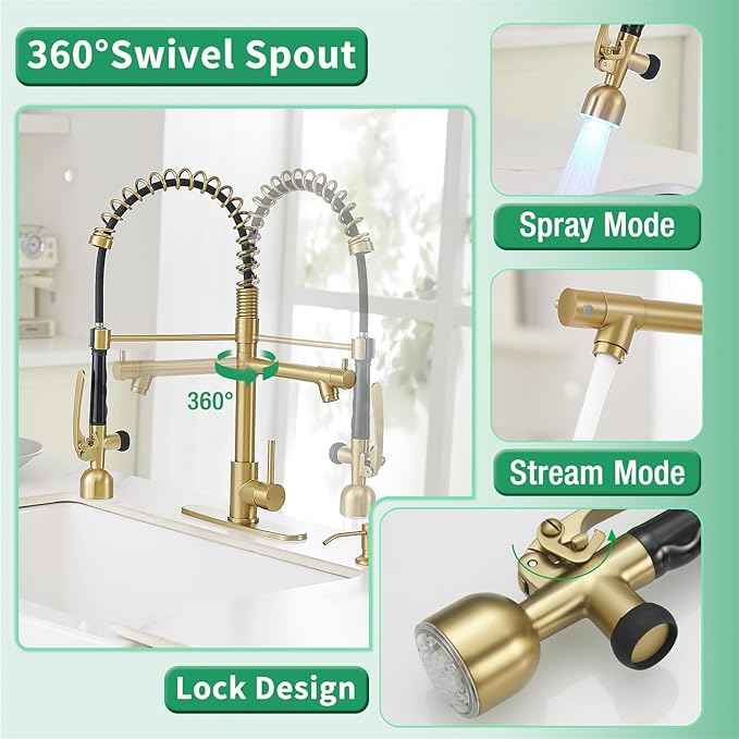 Fapully Commercial Kitchen Faucets with Pull Down Sprayer Brushed Gold LED Single Handle Faucet for Kitchen Sink, Kitchen Faucet with Soap Dispenser and Deck Plack for 4 Hole