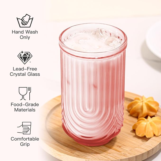 JOVGANK Pink Vintage Glassware Set of 6-17Oz Pink Water Drinking Glass, Art Deco Ripple Highball Glass, Whiskey Cocktail Glasses, for Bar Ice Coffee Juice, Housewarming Gifts and Mother's Day Gift