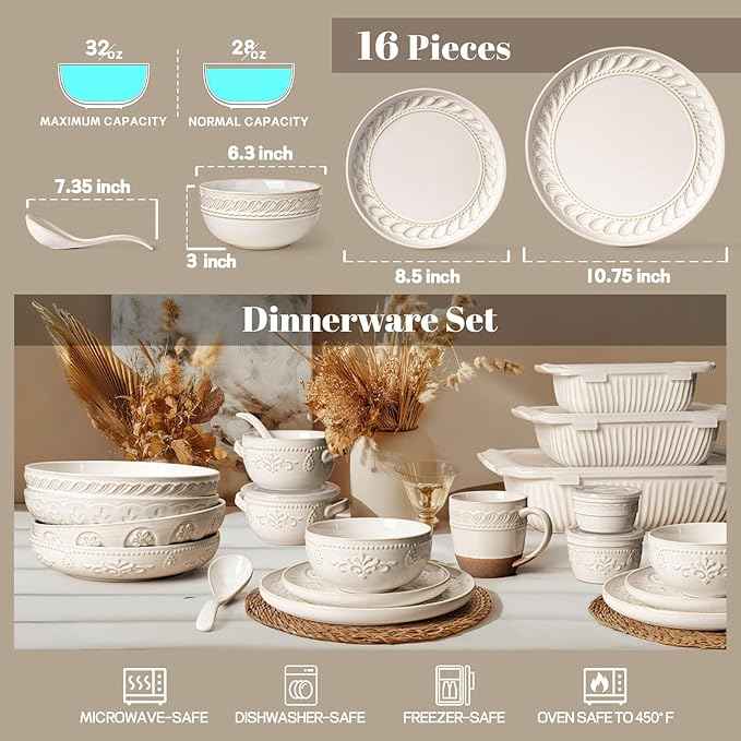 Artena Plates And Bowls Sets, 16 Pieces Dinnerware Sets, Dish Set For 4, Ceramic Kitchen Bowl And Plate Set, Embossed White Dishware Sets, Dishwasher & Microwave Safe (Willow Leaf)