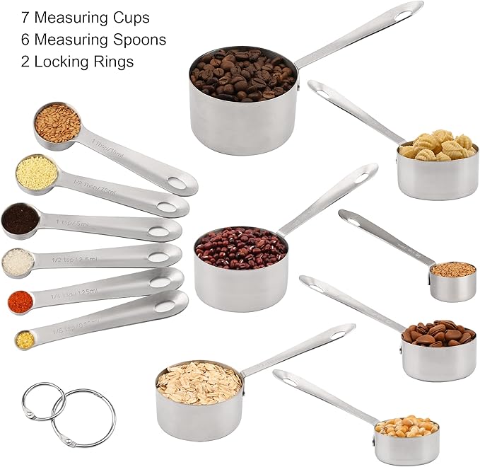 Smithcraft Measuring Cups and Spoons Set, 18/8 Stainless Steel Measuring Cups and Spoons, Metric & US Metal 7 Kitchen Measure Cups & 6 Measuring Spoons, Baking Measuring Tools Set 13