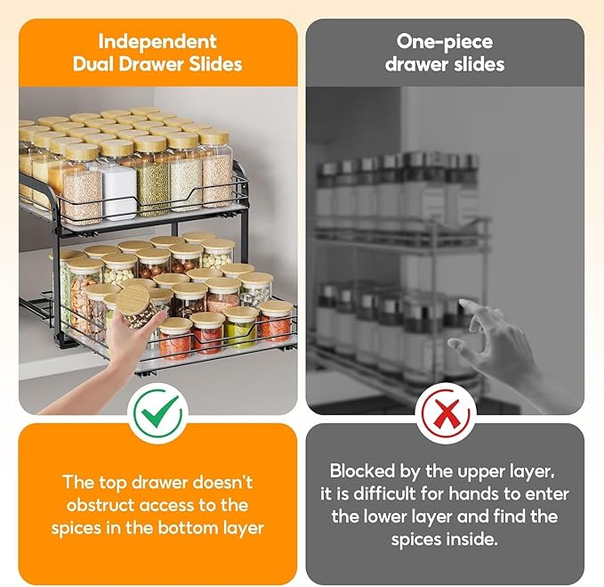 Spice Rack Organizer for Cabinet, 2 Tier Vertical Pull Out Spice Rack – Heavy Duty Metal Spice Organization for Cabinet, 60-Jar Capacity, Height Adjustable Cabinet Organizer, 13.58''Wx10.5''Dx9.5''H