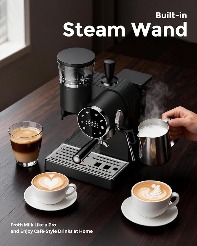 20 Bar Espresso Machine | LED Screen Touch Control | 6 Level Adjustable Grinder | Drip Coffee & Cold Brew, Milk Frother, Assisted Tamper & Built-In Accessory Storage Box | 50oz Tank