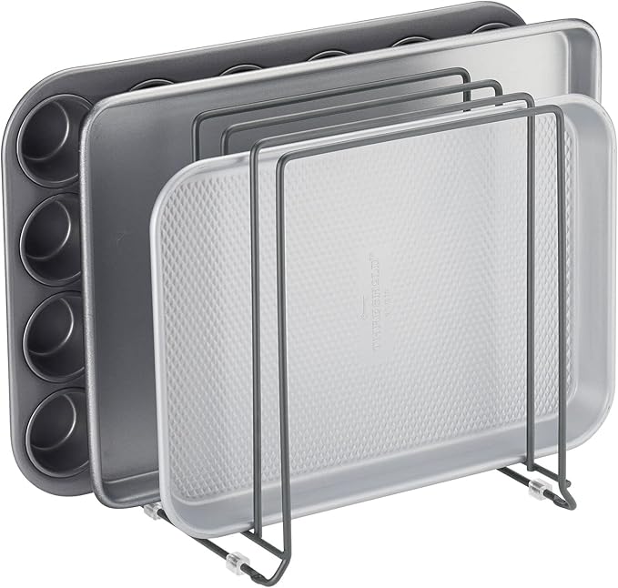 mDesign Pot Lid and Pan Rack — Metal Wire Rack for Cabinets, Pantries or Kitchen Surfaces — Freestanding Pan Stand with 5 Slots for Pans, Pots, Lids and Crockery — Dark Grey