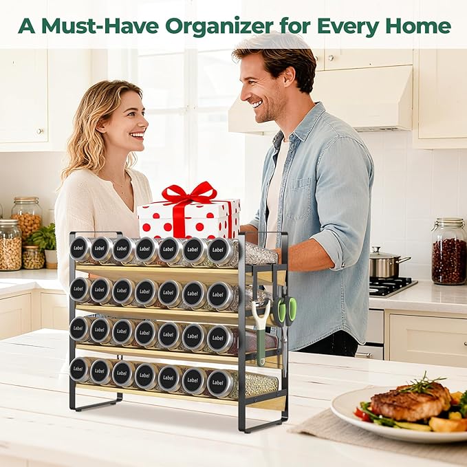 EsLuker.ly Spice Seasoning Rack Organizer Kitchen Countertop, 4 Tier Bamboo Spice Shelf Holder Storage with 4 Hooks, Wall Mounted Freestanding Stand for Pantry, Quick Spice Access(Jars Not Included)