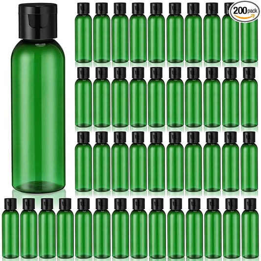 Zhehao 200 Pcs 2 oz Green Plastic Empty Bottles Small Travel Size Bottles with Flip Cap Empty Transparent Dispenser Container for Liquids Toiletries Shampoo Lotion (Black Cap)