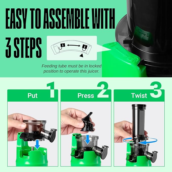 Ventray Ginnie Mini Cold Press Juicer, Small Slow Masticating Juicer for Vegetables Fruits, High Juice Yield, Easy to Clean, Space-Saving, Fit for Personal/Travel/Picnic/Office - Green