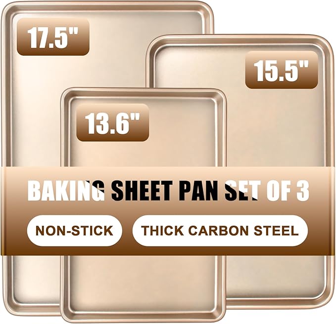 Baking Sheet Pan Set of 3, Commercial Cookie Sheets for Baking, Nonstick Half/Quarter/Jelly Roll Pans Replacement Toaster Oven Tray, Heavy Duty & Easy Clean, Champagne Gold