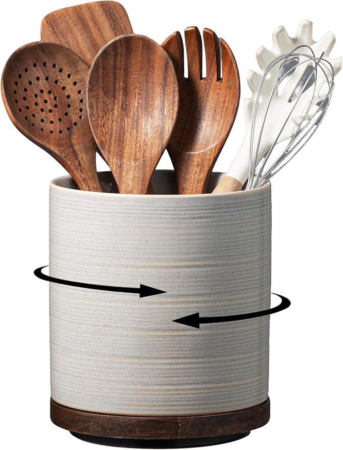 Utensil Holder, 360° Rotating Extra Large Ceramic Kitchen Utensil Holder for Countertop, 7.3“ Cooking Utensil Crocks for Kitchen Counter with Rotatable Wooden Base, Farmhouse Decor, Grey