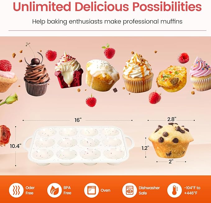 Silicone Muffin Pans for Baking 2 Pack, 2.8 Inch with Metal Reinforced Frame, Regular Size Nonstick Silicone Cupcake Pan 12 Cups for Baking Homemade Muffins, Cupcakes, Dishwasher Safe BPA Free