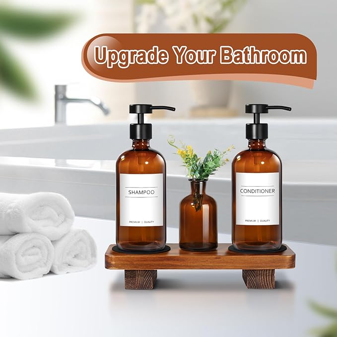 KASUNTING Amber Glass Soap Dispenser with Upgraded Flat Pump, Dish Soap Dispenser for Kitchen, Hand Soap Dispenser for Bathroom, Decorative Vase & Wood Riser Bathroom Decor(Amber02)