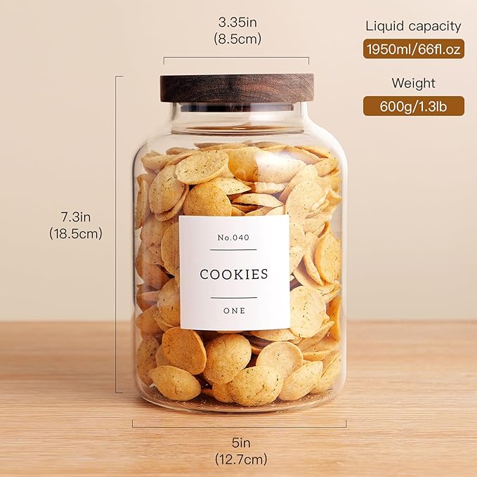 CZHQSMZ Set Of 2 Large Glass Jar with Wooden Lid with 132 Labels, Glass Storage Jars for Flour Pasta Candy Coffee Cookie and More(70 FL OZ/2000 ml)