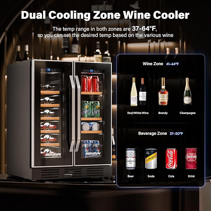 ROVSUN 34 Bottle Wine Fridge - Dual Zone Beverage Refrigerator w/Independent Temp Control & LED Panel, Built-in/Freestanding/Under Counter Chiller for Red/White Wine, Champagne, Beer