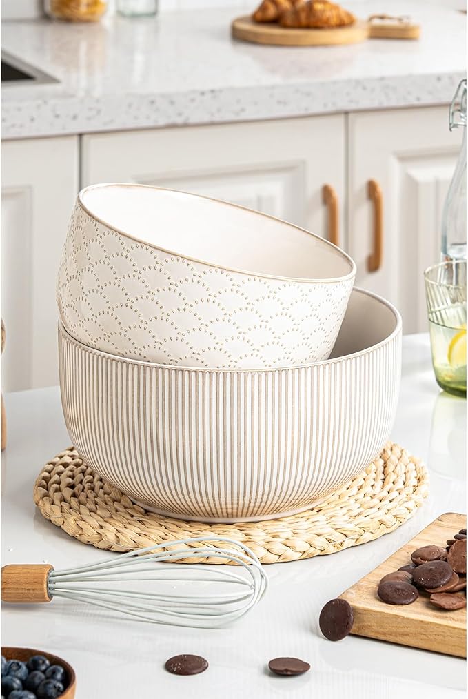 Mikiegy Ceramic Mixing Bowls Set of 2, Nesting Ceramic Embossment Stoneware Mixing Bowls for Cooking, Serving, Popcorn, Salad etc, Microwave & Dishwasher Safe, 98/145 oz, Off-White