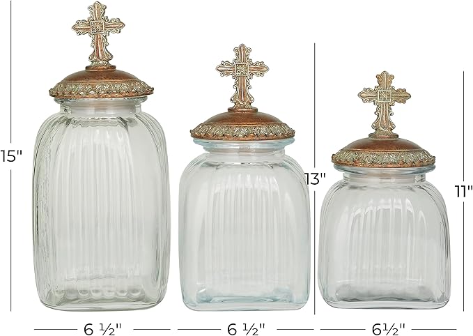 Deco 79 Glass Round Decorative Jars, Set of 3 15", 13", 11" H, Clear