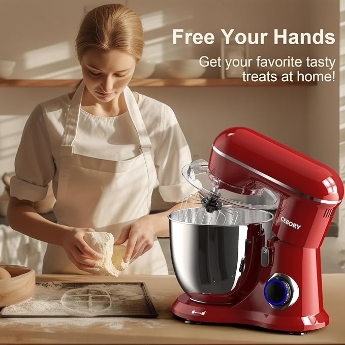 CEBORY 3-IN-1 Electric Stand Mixer, 6.5QT Bowl 660W 10-Speed Kitchen Mixer, Household Food Mixers include Dough Hook, Beater and Whisk, Bread Cake Mixer for Baking and Most Home Cooks, Red